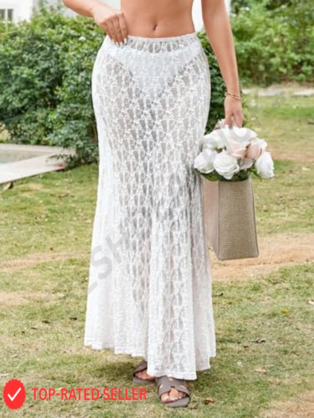 Sheer Lace Maxi Skirt High Waist A-Line Flowy Y2K Beach Cover Up Casual Long - Picture 5 of 7